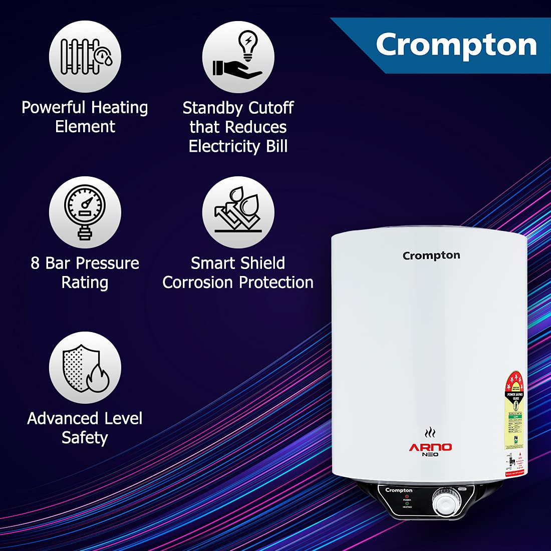 Crompton Arno Neo 15-L 5 Star Rated Storage Water Heater (Geyser) with Advanced 3 Level Safety, National Energy Conservation Award Winner 2023 - Image 2
