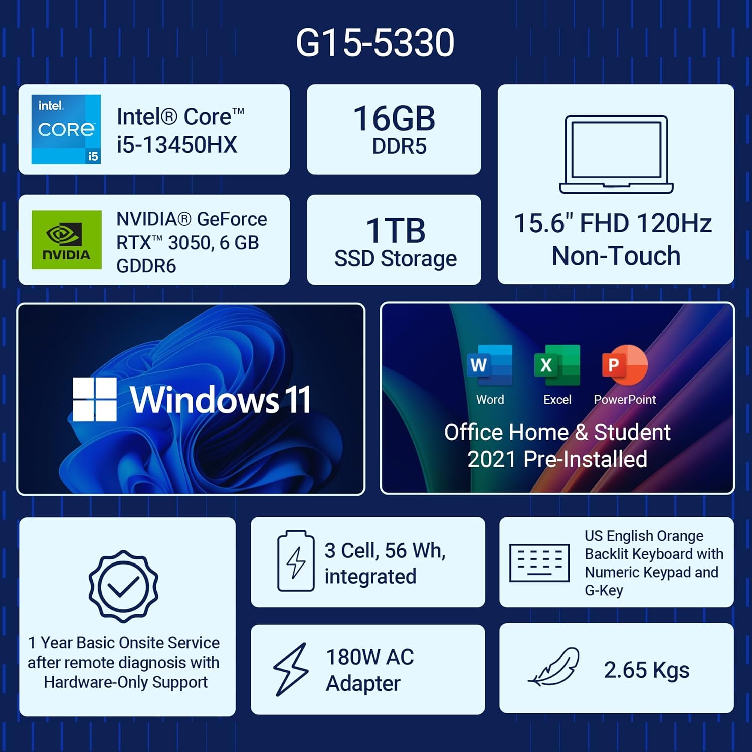 Dell SmartChoice G15-5530, Intel Core i5 13th Gen - 13450HX, NVIDIA RTX 3050-6GB, 16GB RAM, 1TB SSD, FHD 15.6"/39.62 cm, Windows 11, MS Office 24, Dark Shadow Grey, 2.65Kg Gaming Laptop - Image 3