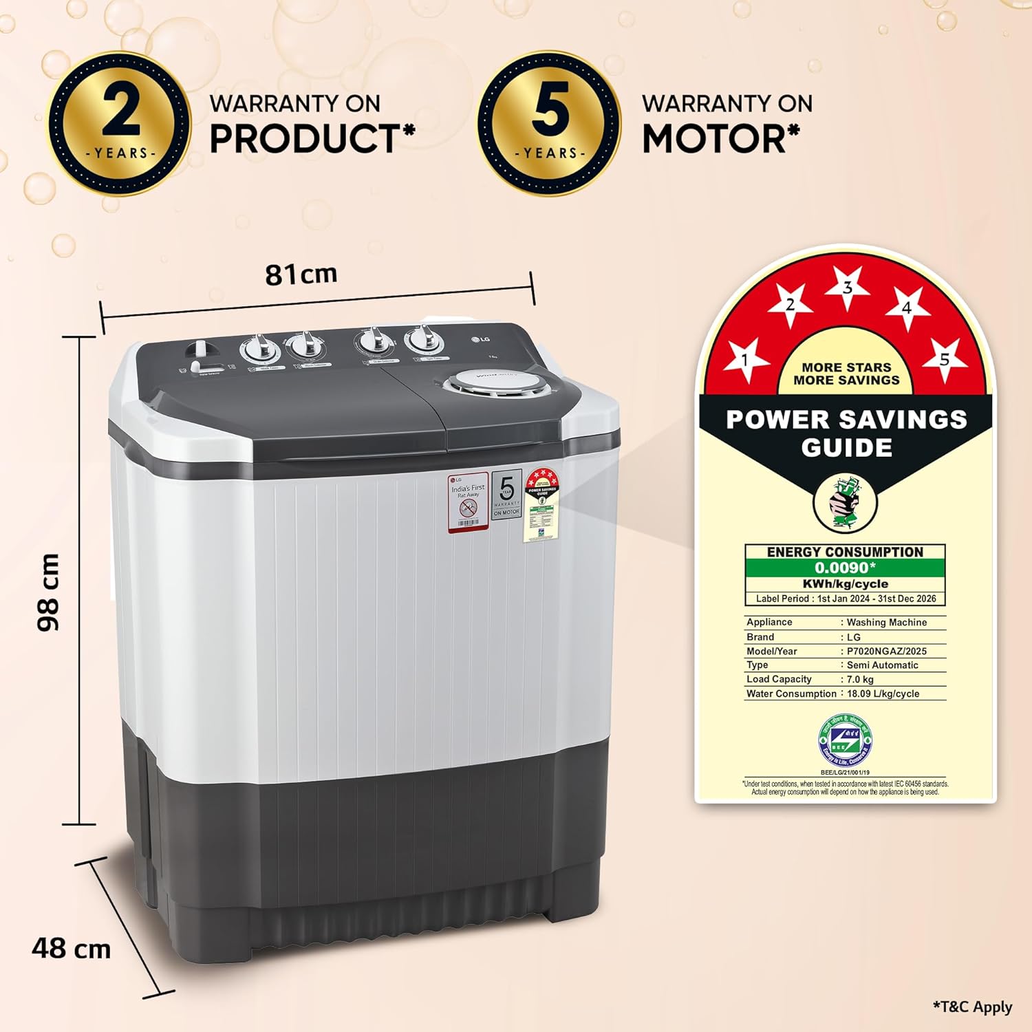 LG 7 Kg 5 Star Wind Jet Dry Semi-Automatic Top Loading Washing Machine (P7020NGAZ, Dark Gray, Rat Away Feature) - Image 5
