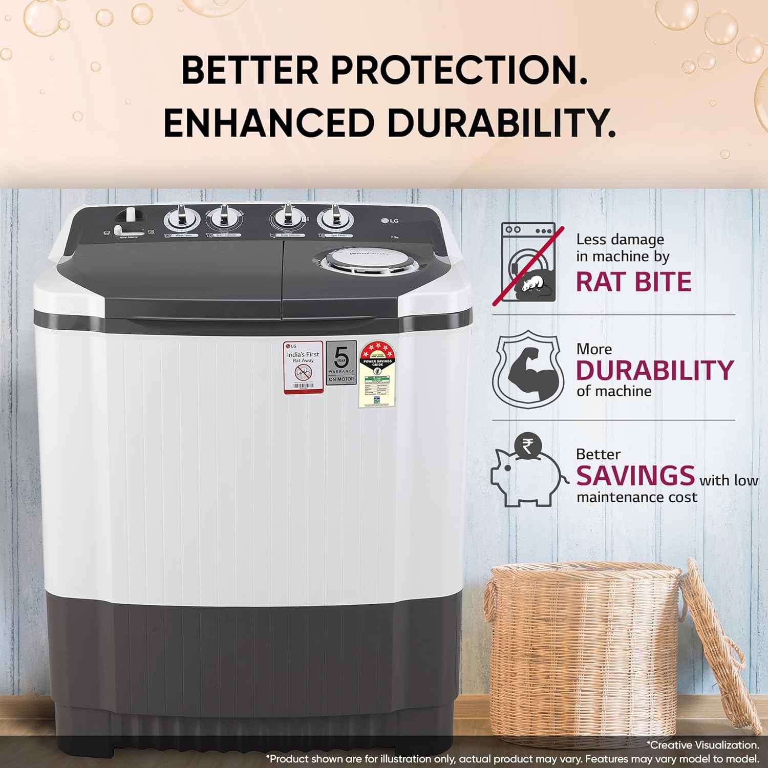 LG 7 Kg 5 Star Wind Jet Dry Semi-Automatic Top Loading Washing Machine (P7020NGAZ, Dark Gray, Rat Away Feature) - Image 6