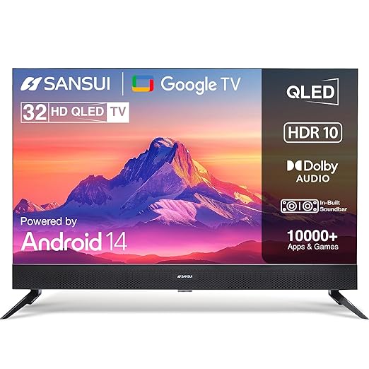 SANSUI 2025 New Launch 80 cm (32)| Smart Google TV 5.0 (Android 14) | HDR10 & HLG| Built in Sound Bar| Filmmaker Mode| QLED TV| 60Hz Refresh Rate JSS32GSQLED (Black)